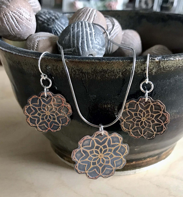 Floral Copper Mandala Pendant and Earring Set
