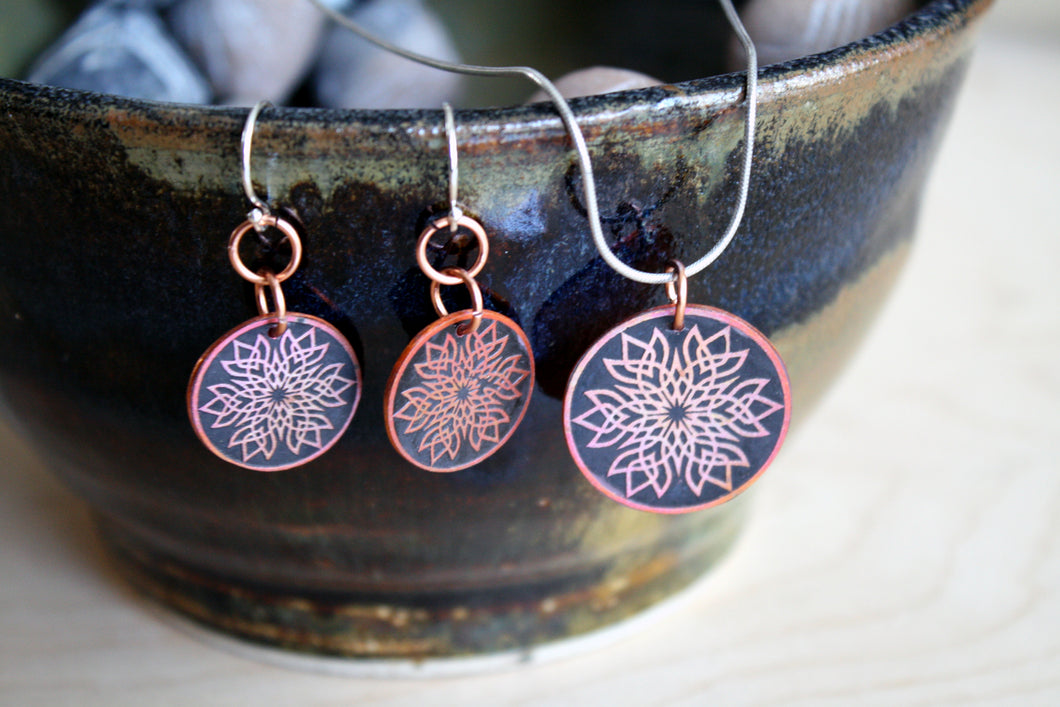 Edgy Copper Mandala Pendant and Earring Set