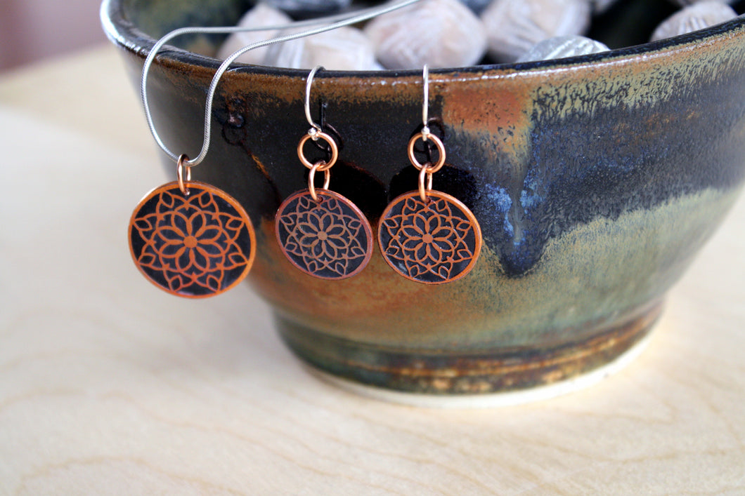 Snowflake Copper Mandala Pendant and Earring Set