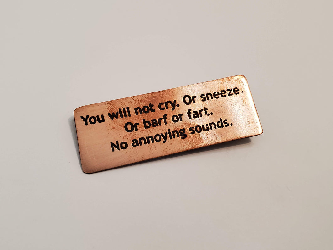 You will not cry. Or sneeze. Or barf or fart. No annoying sounds. - Pin